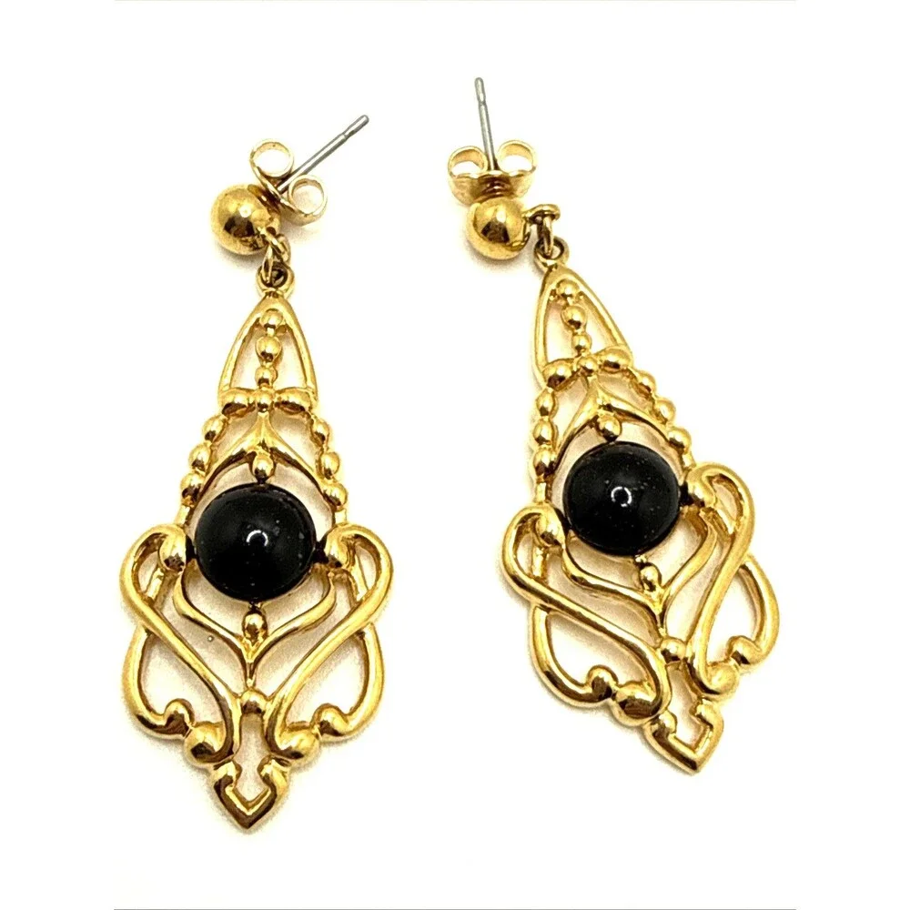 Vintage AVON 1991 GENTLE DRAMA Earrings Gold Tone Black Accent Victorian Style